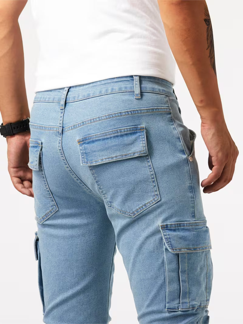 Men's Stretch Denim Cargo Trousers – Utility Style, Streamlined Fit