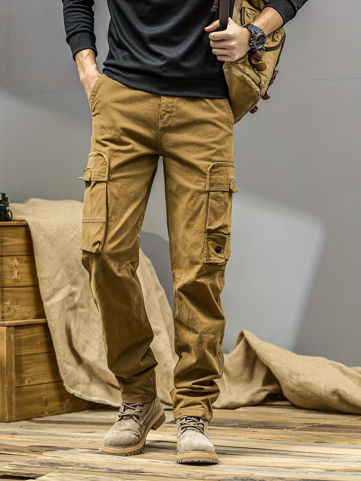 Men's Cargo Trousers – Cotton Blend, Relaxed Straight Leg Fit