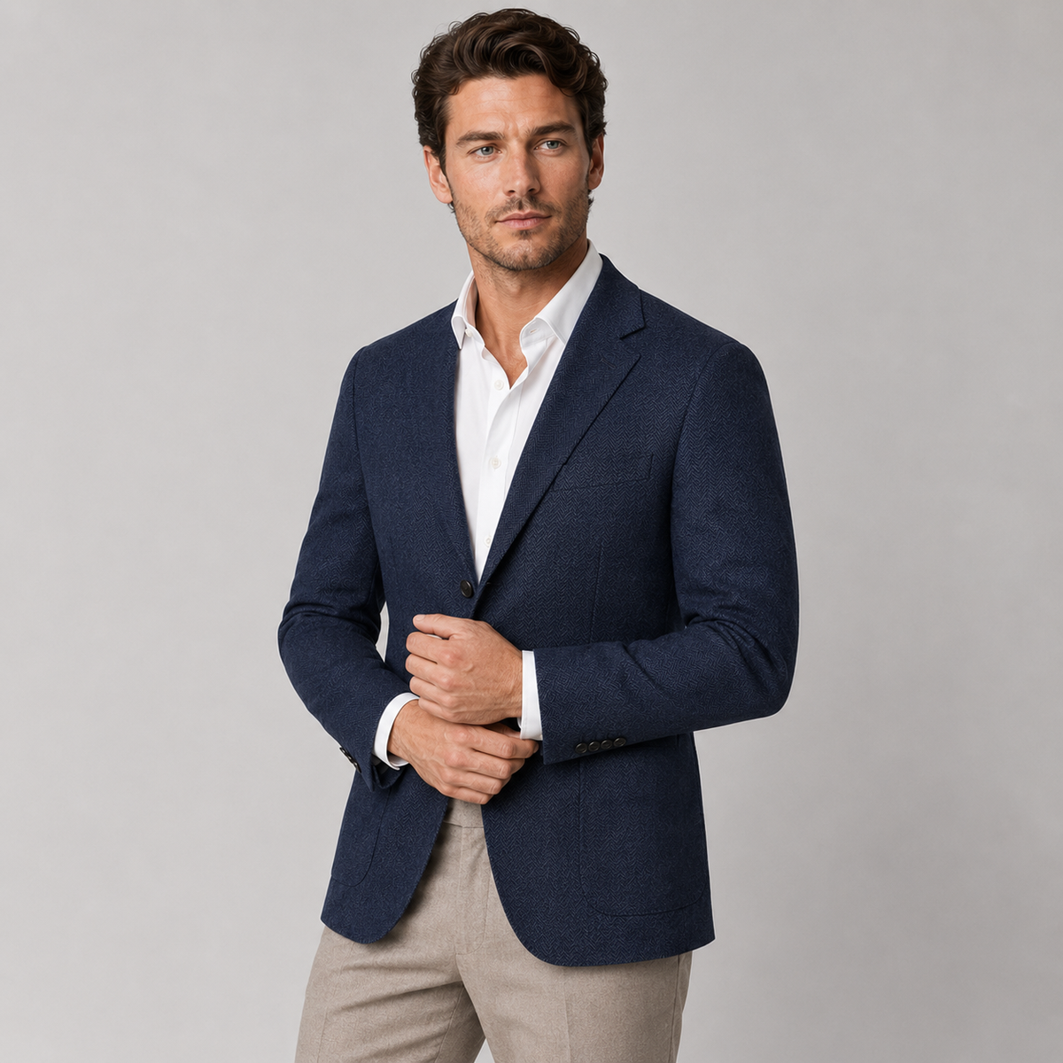 Men's Herringbone Blazer – Patch Pockets, Tailored Fit