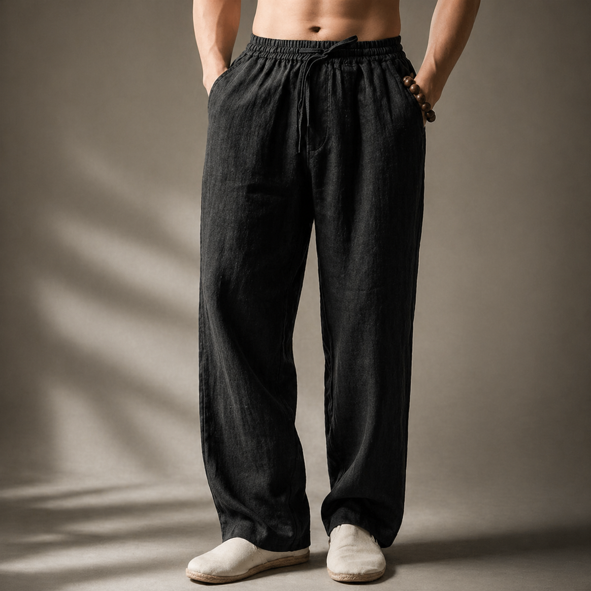 Men's Cotton Linen Trousers – Drawstring Waist, Straight Leg
