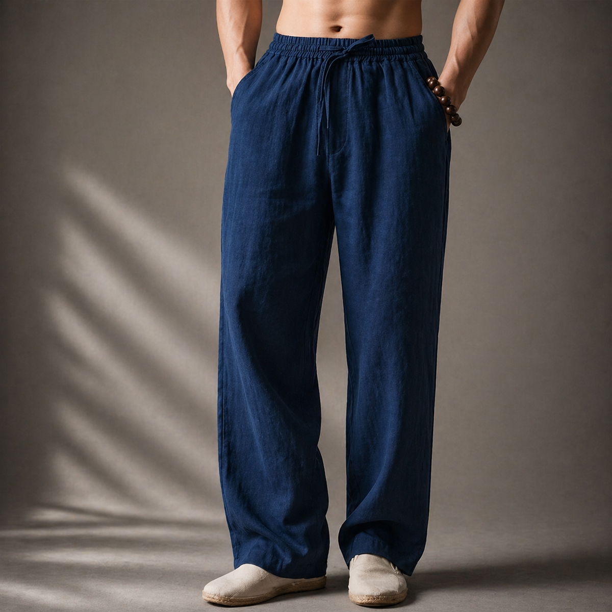 Men's Cotton Linen Trousers – Drawstring Waist, Straight Leg
