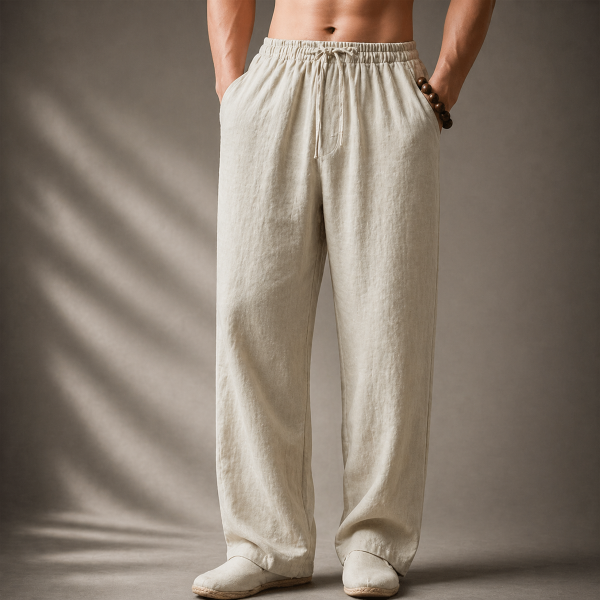 Men's Cotton Linen Trousers – Drawstring Waist, Straight Leg