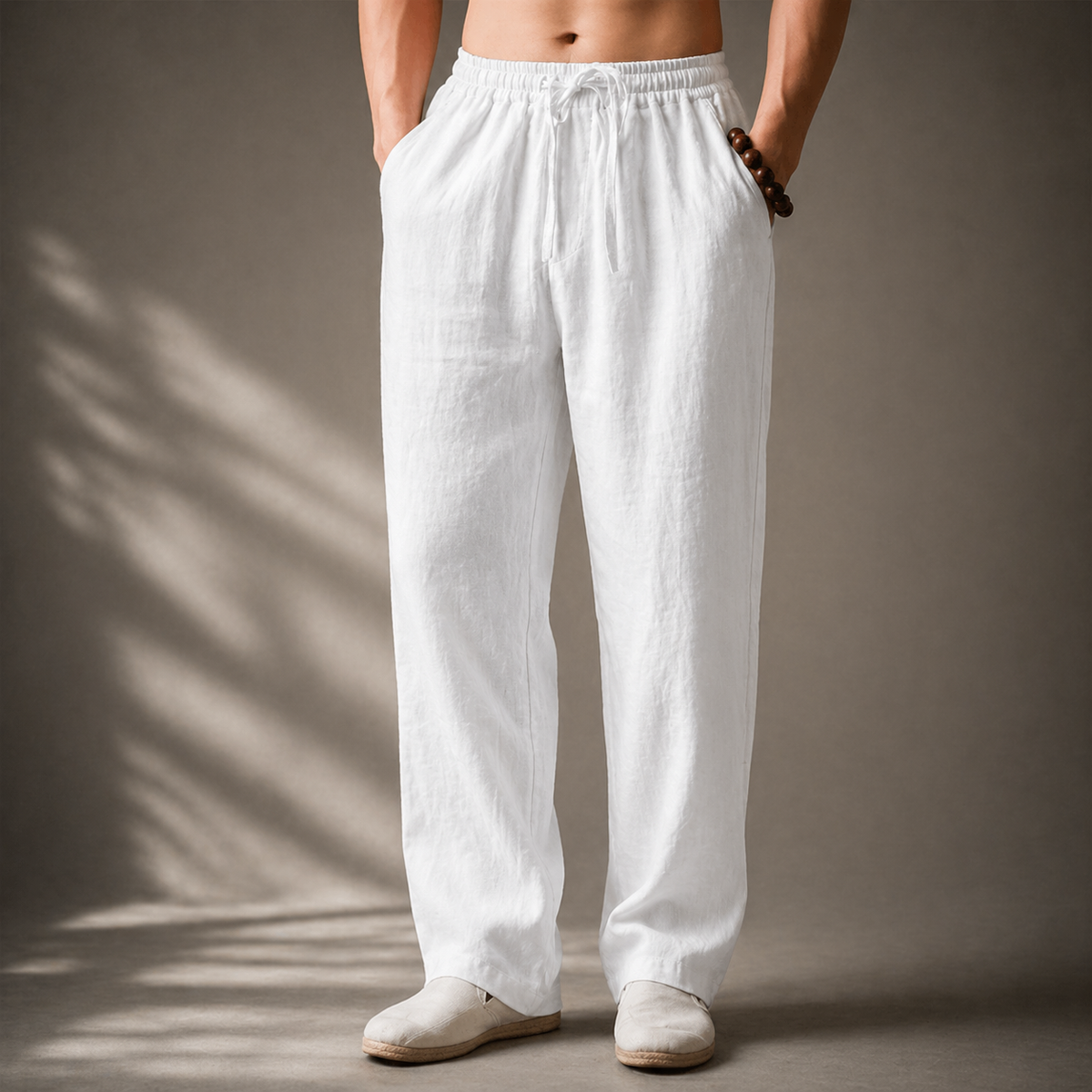 Men's Cotton Linen Trousers – Drawstring Waist, Straight Leg