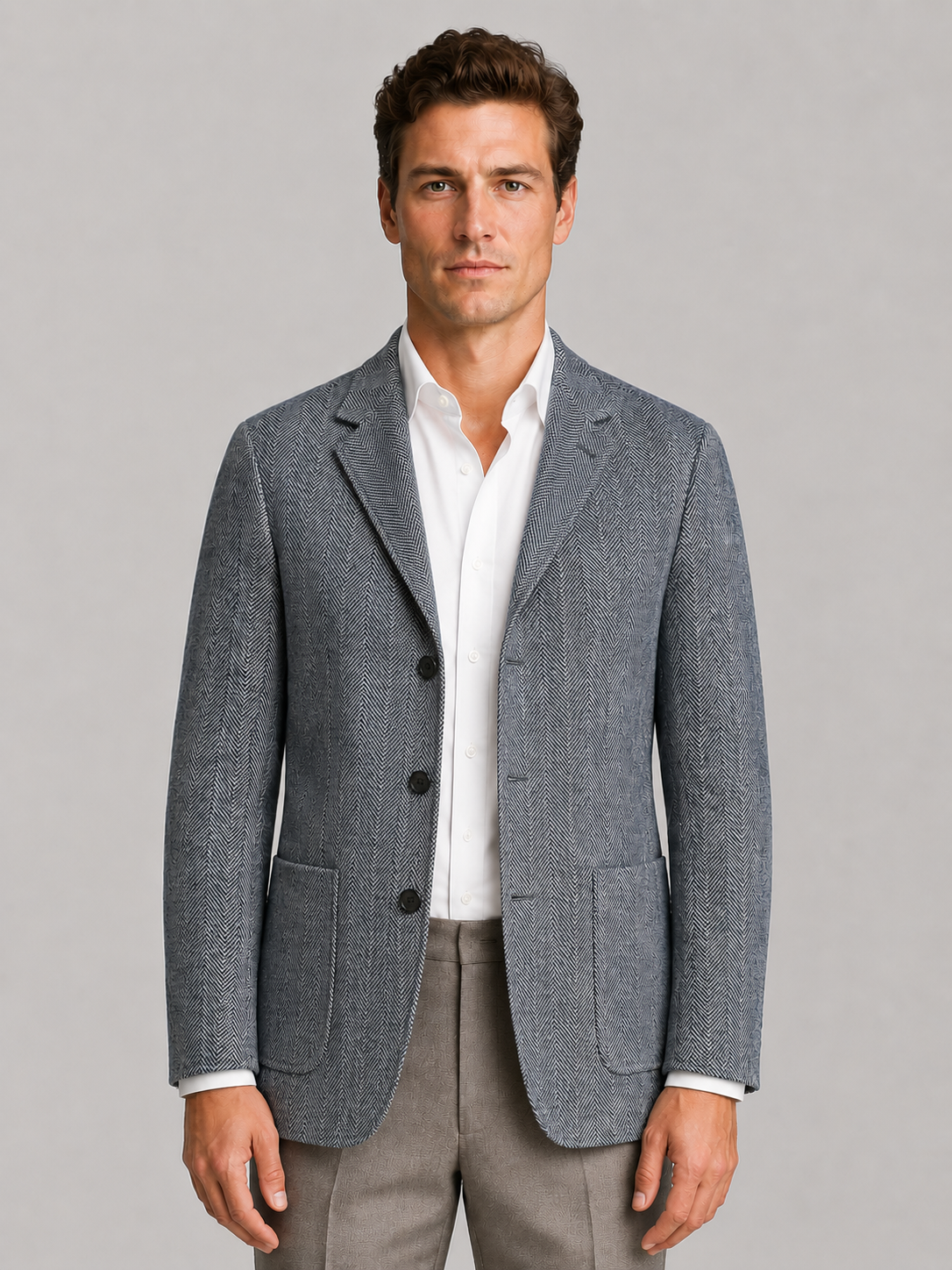 Men's Herringbone Blazer – Patch Pockets, Tailored Fit
