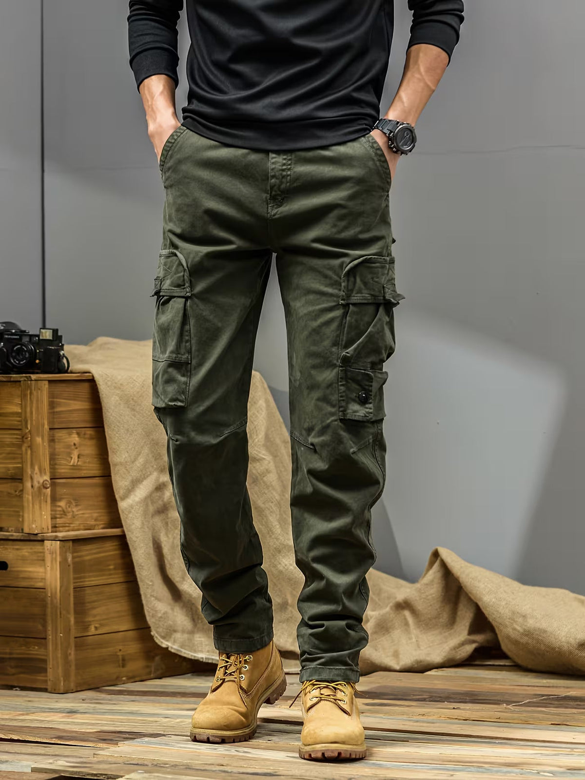 Men's Cargo Trousers – Cotton Blend, Relaxed Straight Leg Fit