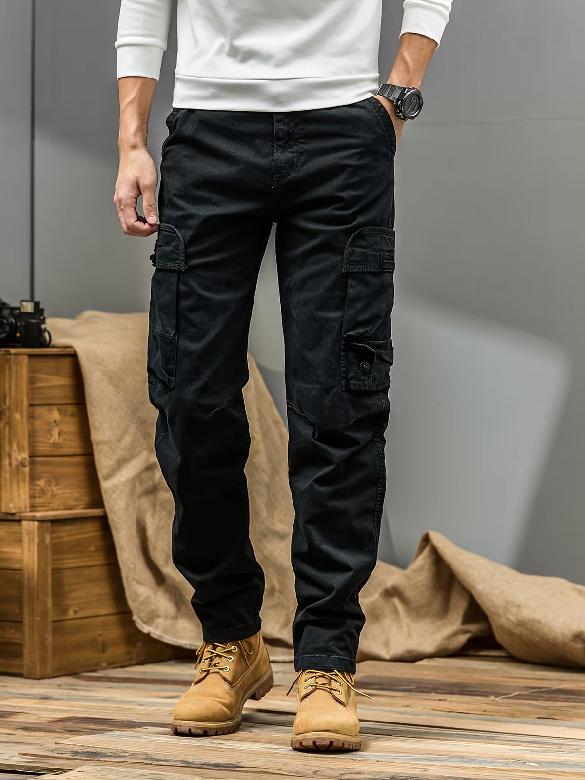 Men's Cargo Trousers – Cotton Blend, Relaxed Straight Leg Fit