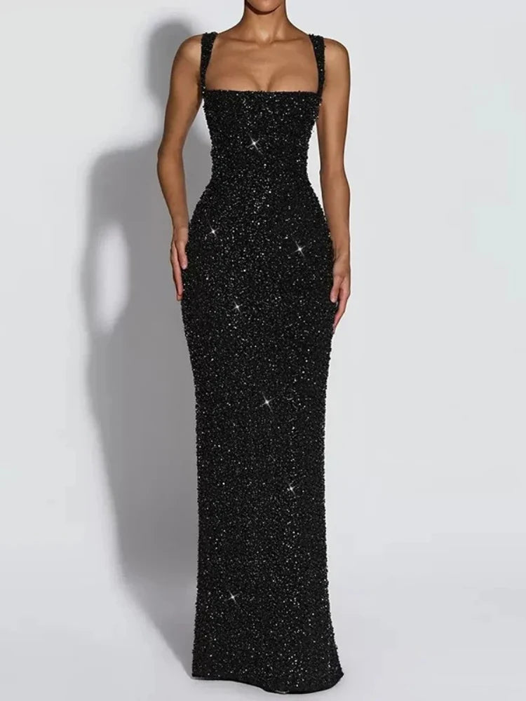 Square Neck Sequin Bodycon Evening Maxi Dress