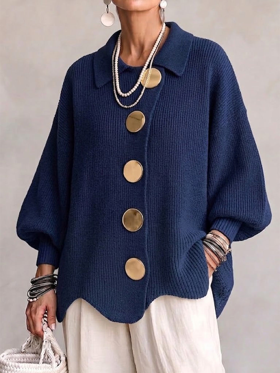 Women's Oversized Collared Cardigan – Gold Button Chunky Knit