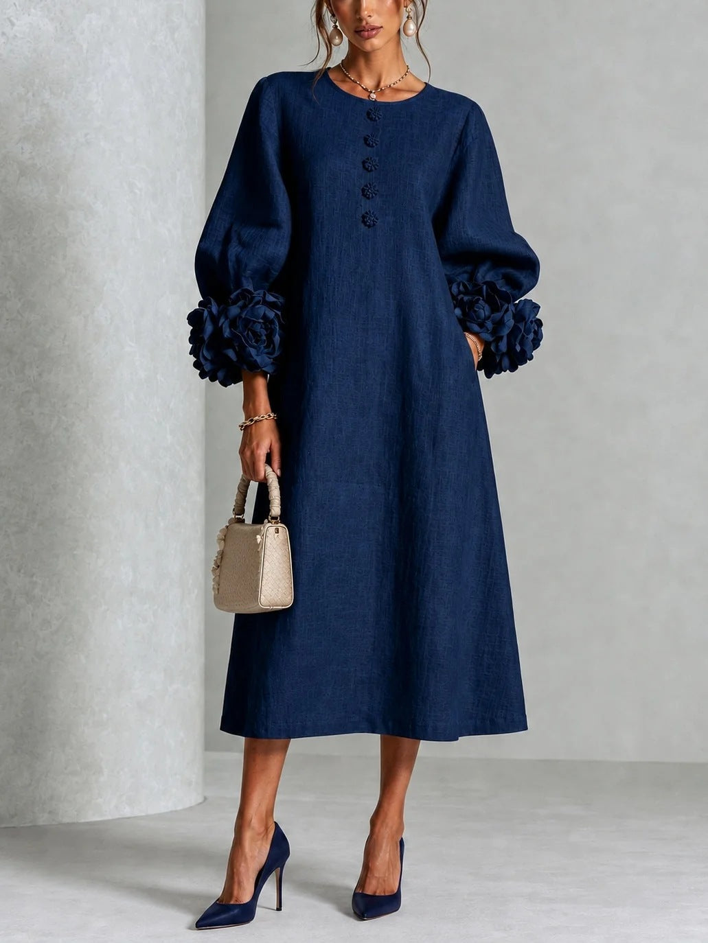 Women's Floral Cuff Midi Dress – Flared Long Sleeve Design