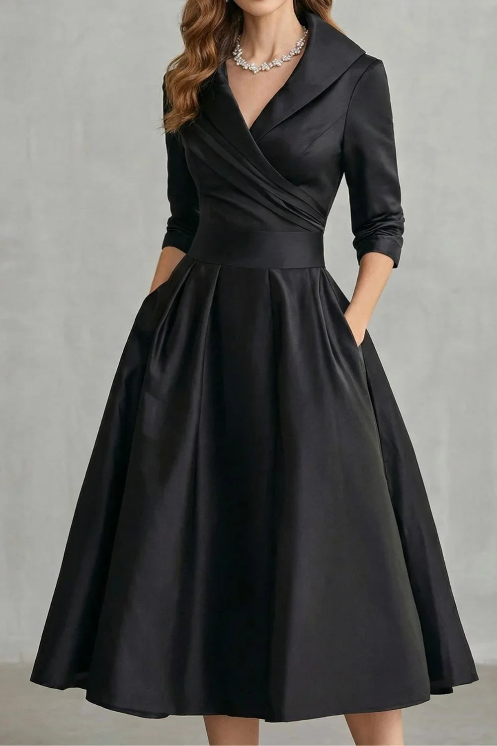 Women's Dress | Midi Draped Collar Cinched Waist Flared Skirt