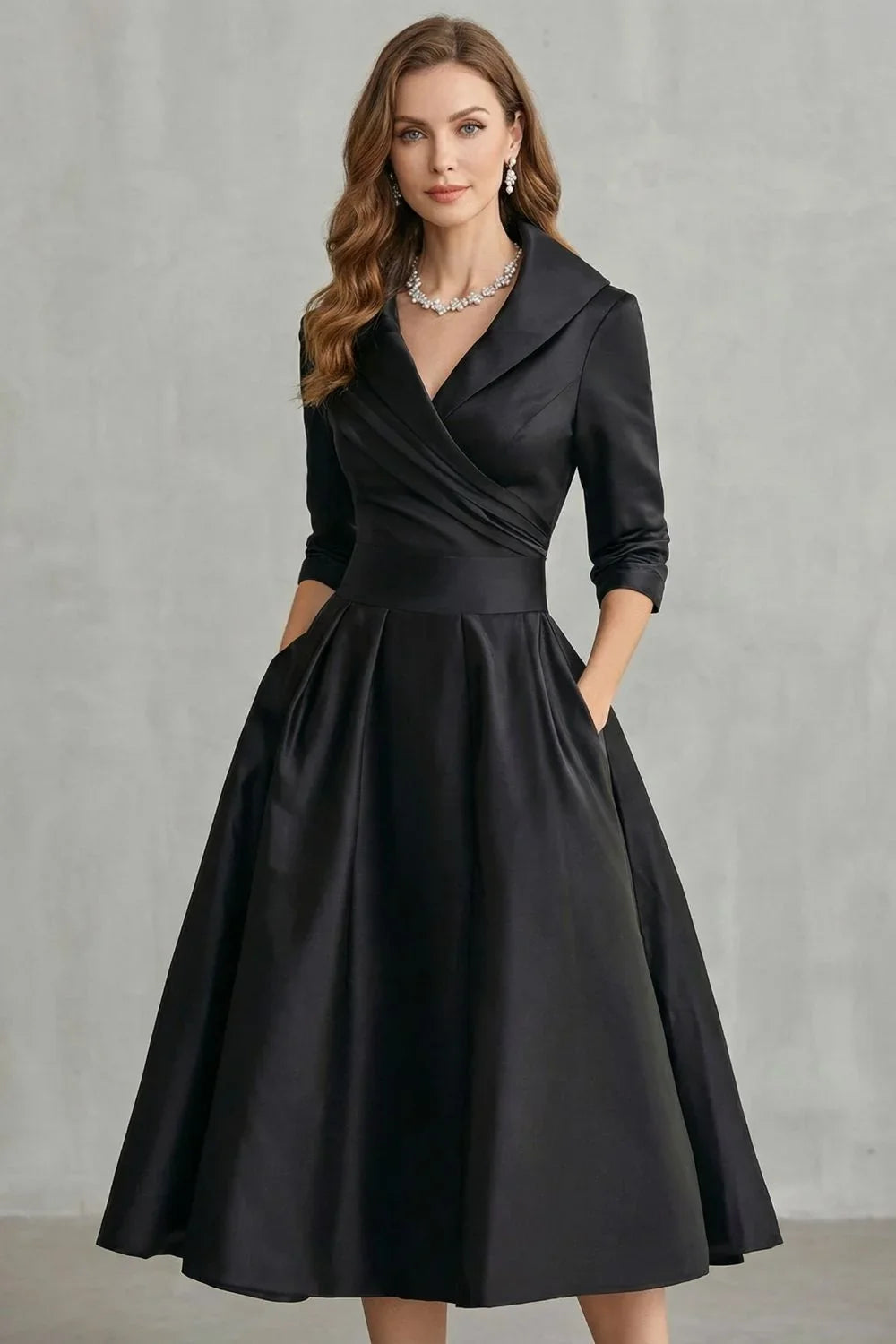 Women's Dress | Midi Draped Collar Cinched Waist Flared Skirt