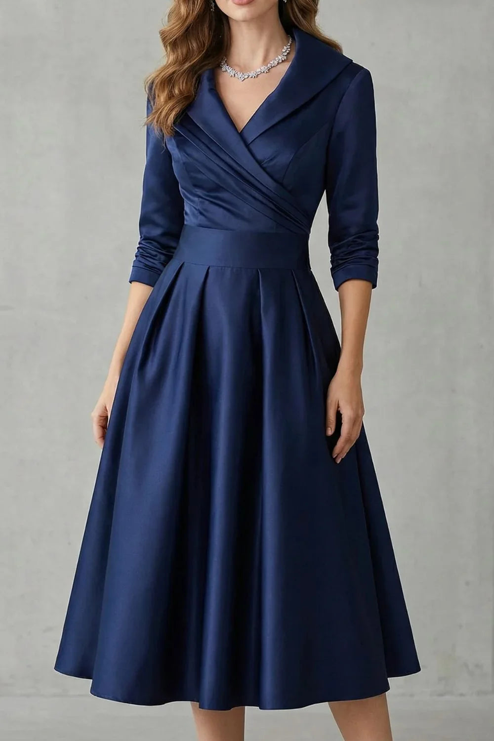 Women's Dress | Midi Draped Collar Cinched Waist Flared Skirt