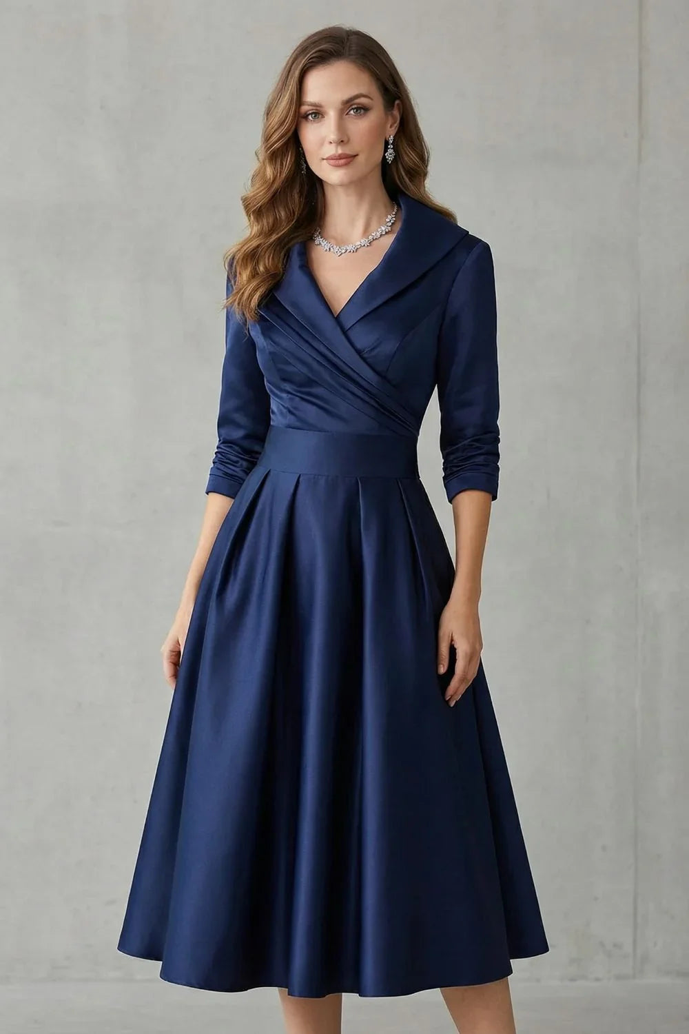 Women's Dress | Midi Draped Collar Cinched Waist Flared Skirt