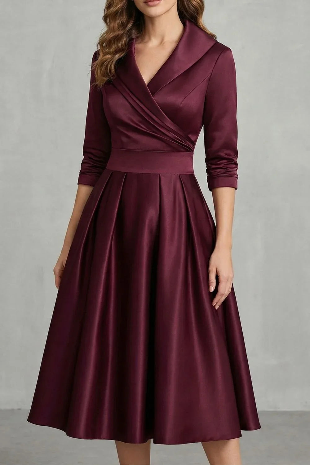 Women's Dress | Midi Draped Collar Cinched Waist Flared Skirt