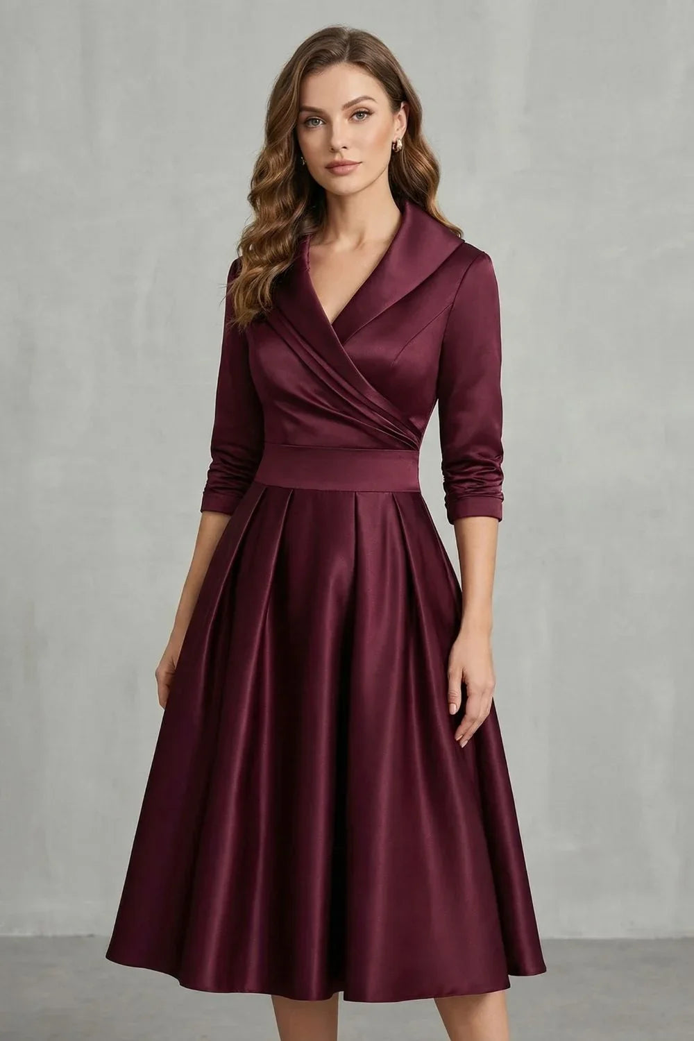Women's Dress | Midi Draped Collar Cinched Waist Flared Skirt