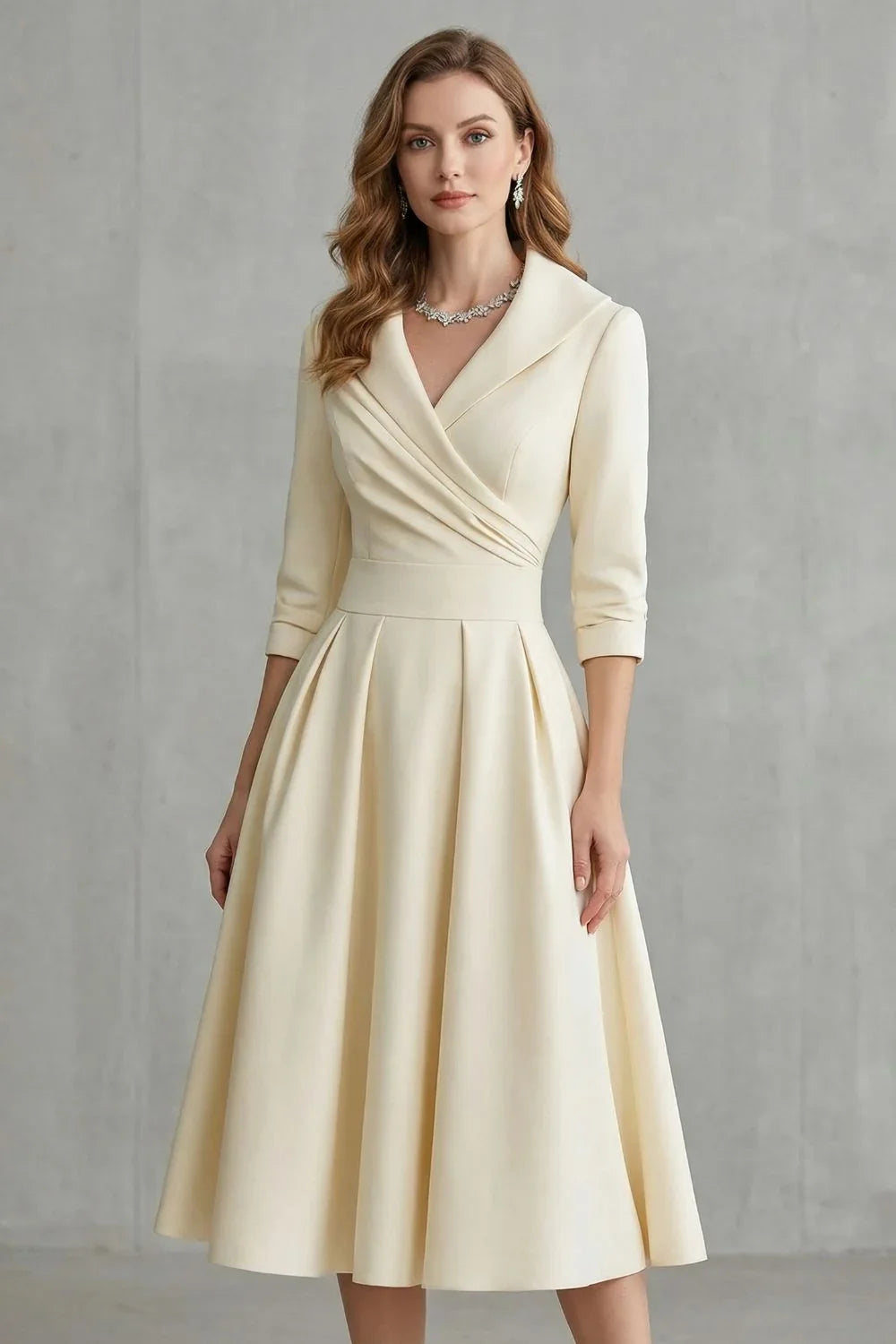 Women's Dress | Midi Draped Collar Cinched Waist Flared Skirt