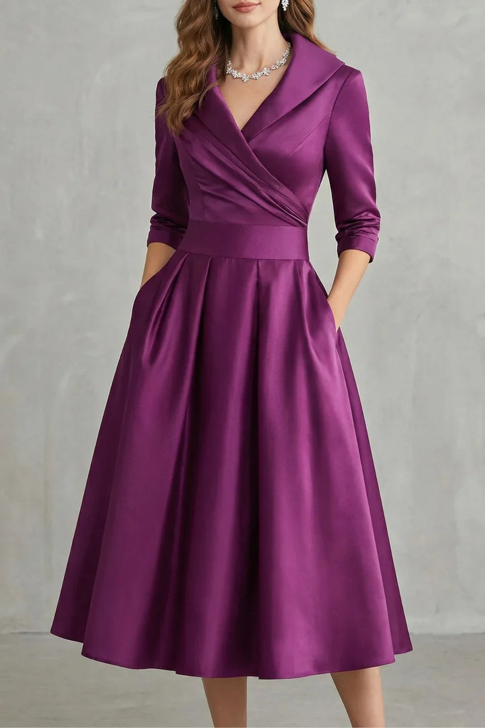 Women's Dress | Midi Draped Collar Cinched Waist Flared Skirt