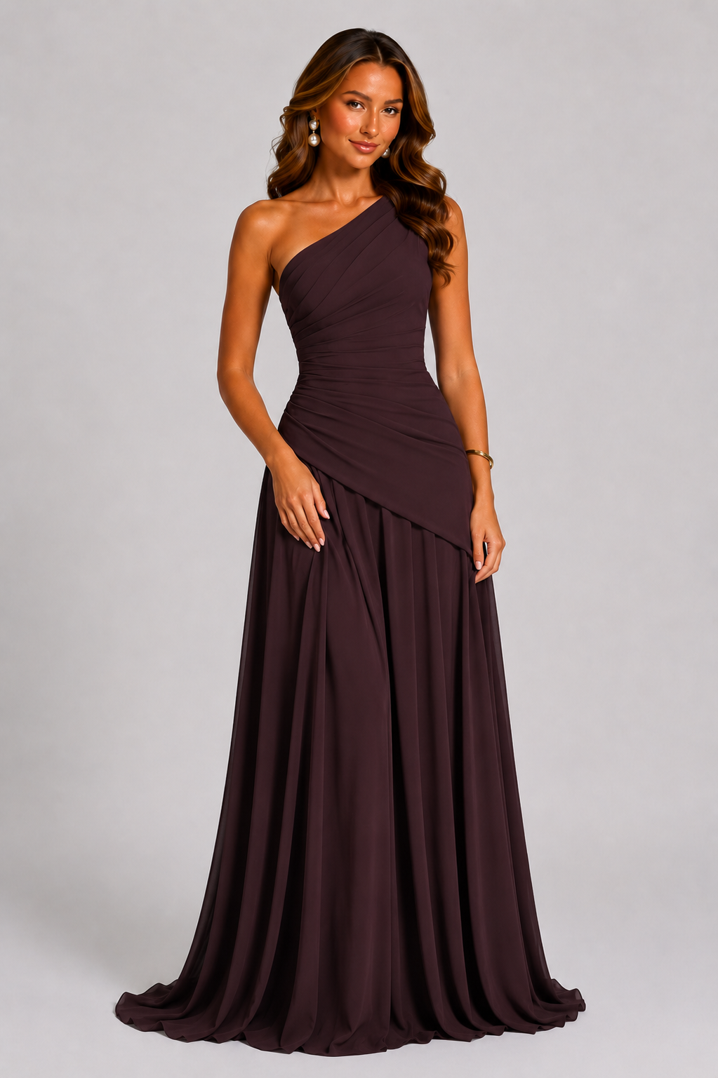 Women’s One-Shoulder Chiffon Maxi Dress – Elegant Draped Silhouette