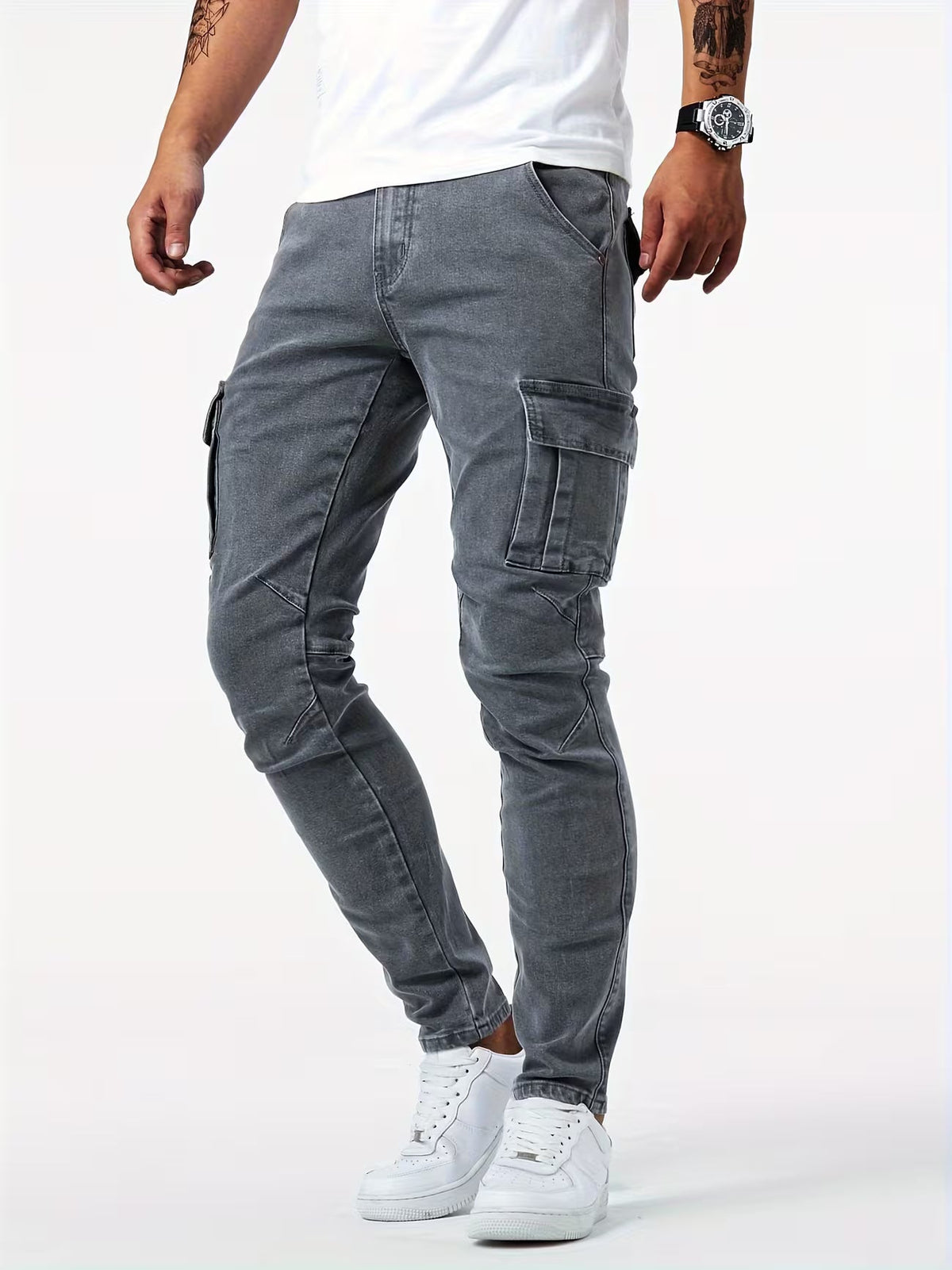 Men's Stretch Denim Cargo Trousers – Utility Style, Streamlined Fit