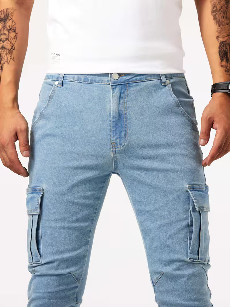 Men's Stretch Denim Cargo Trousers – Utility Style, Streamlined Fit