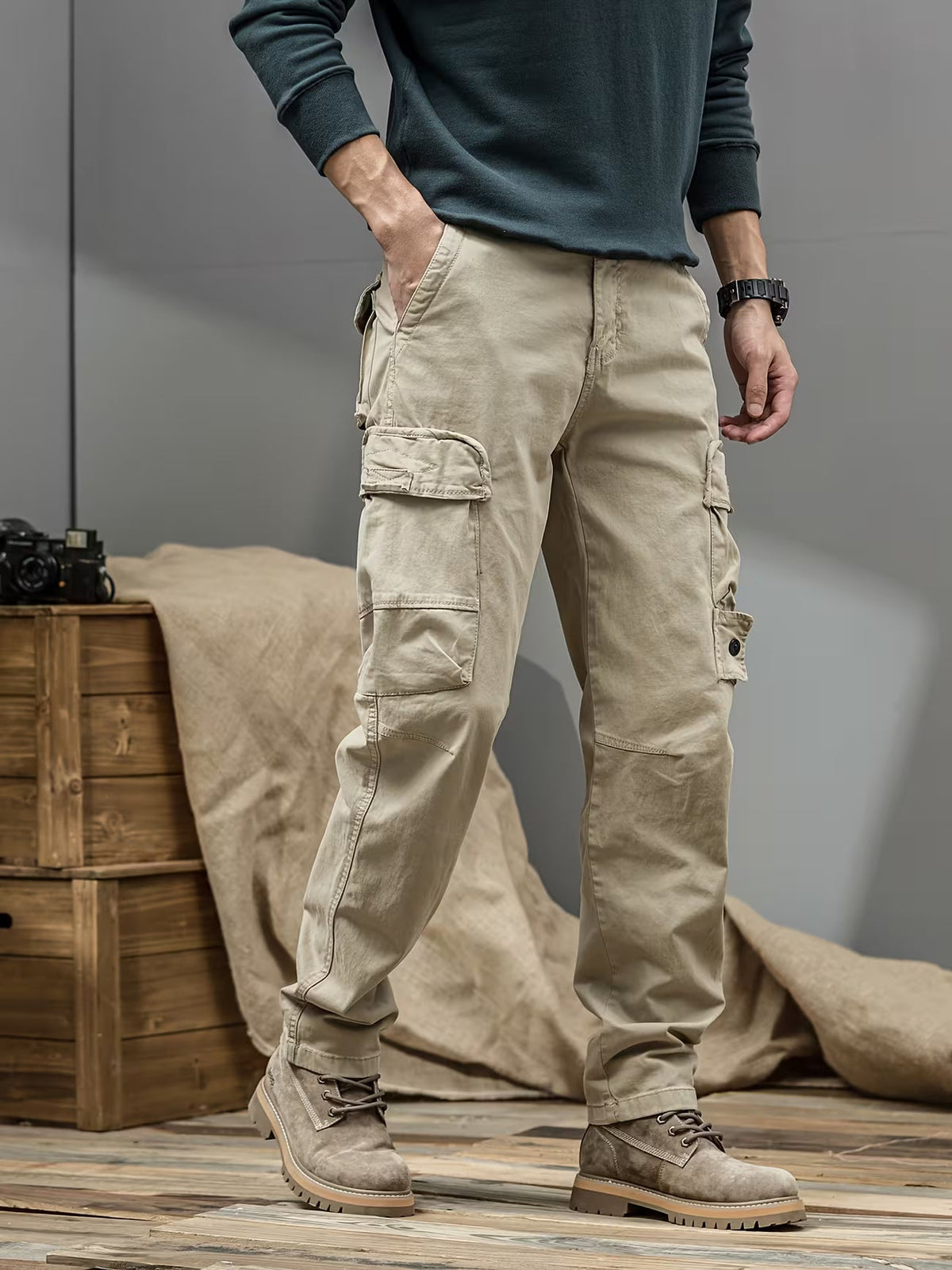 Men's Cargo Trousers – Cotton Blend, Relaxed Straight Leg Fit