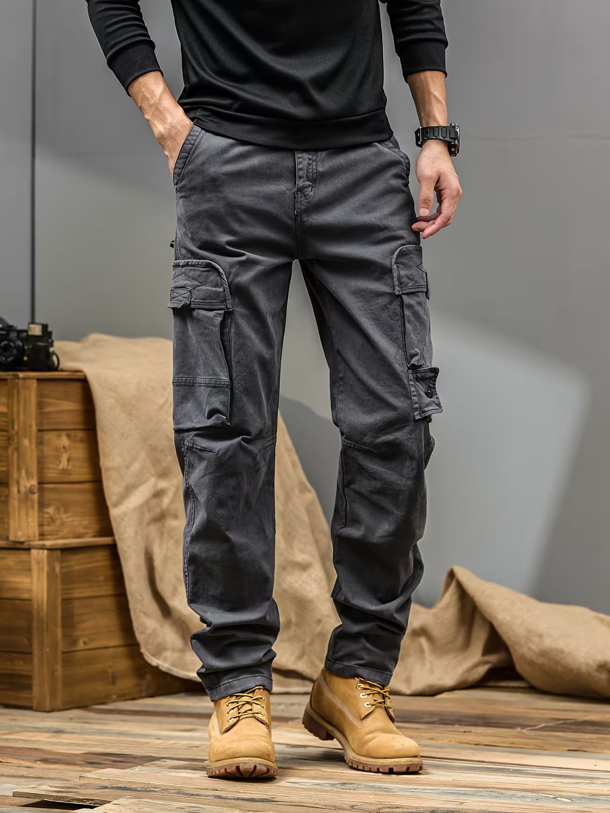 Men's Cargo Trousers – Cotton Blend, Relaxed Straight Leg Fit