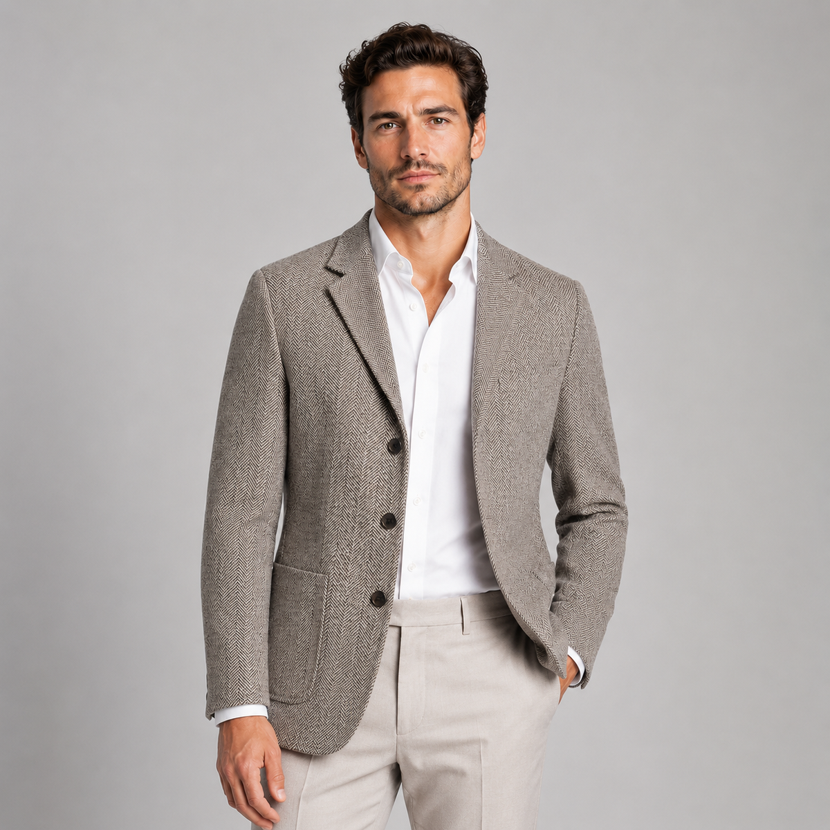 Men's Herringbone Blazer – Patch Pockets, Tailored Fit
