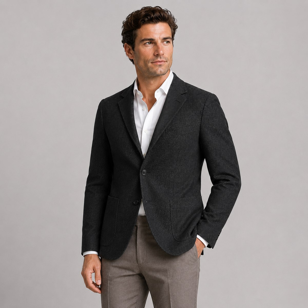 Men's Herringbone Blazer – Patch Pockets, Tailored Fit