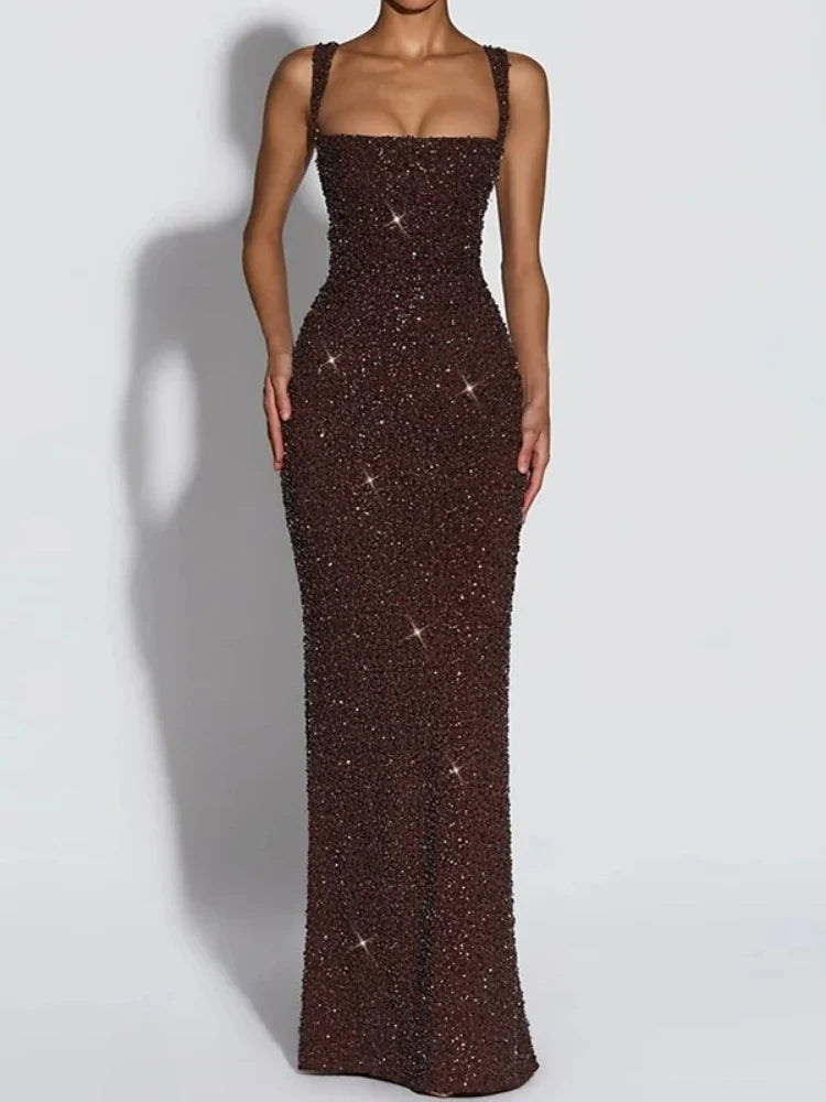 Square Neck Sequin Bodycon Evening Maxi Dress