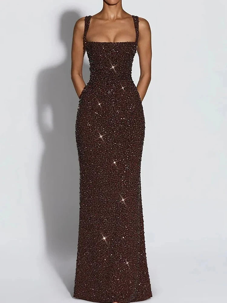 Square Neck Sequin Bodycon Evening Maxi Dress