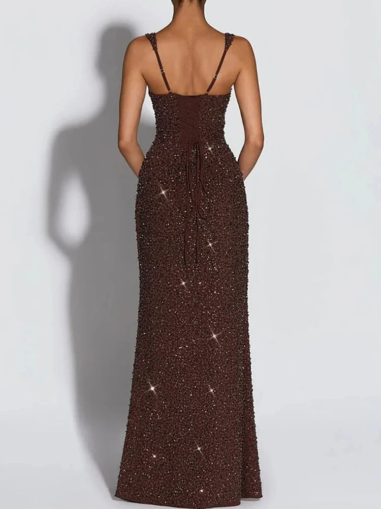 Square Neck Sequin Bodycon Evening Maxi Dress