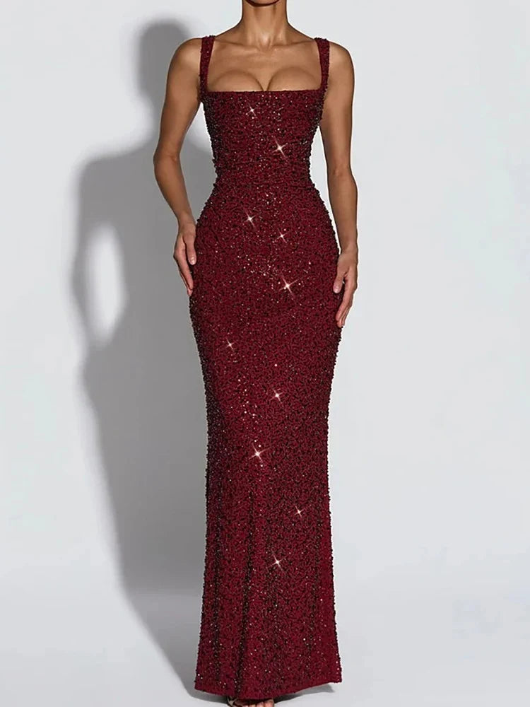 Square Neck Sequin Bodycon Evening Maxi Dress