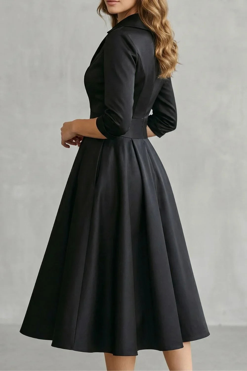 Women's Dress | Midi Draped Collar Cinched Waist Flared Skirt