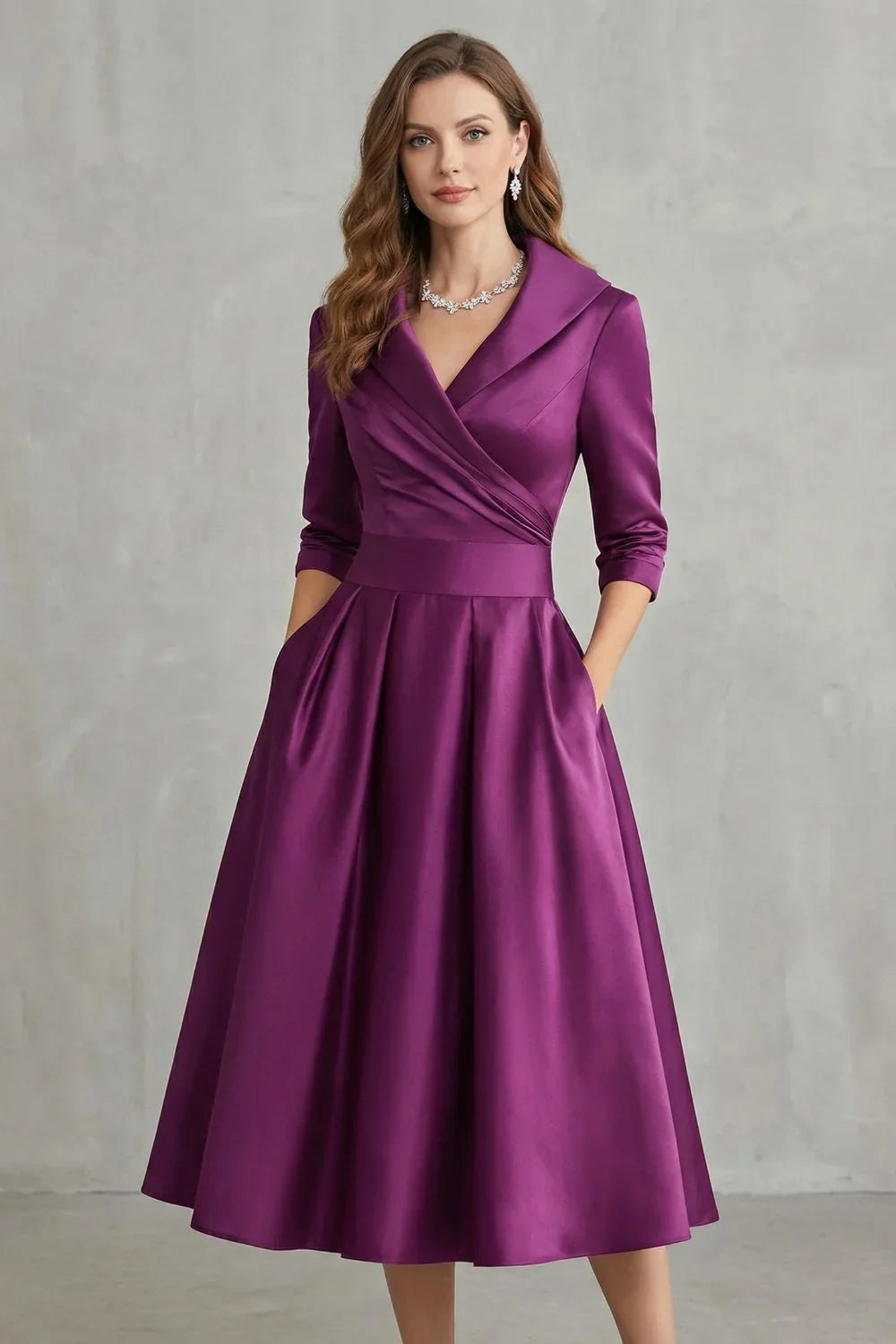 Women's Dress | Midi Draped Collar Cinched Waist Flared Skirt